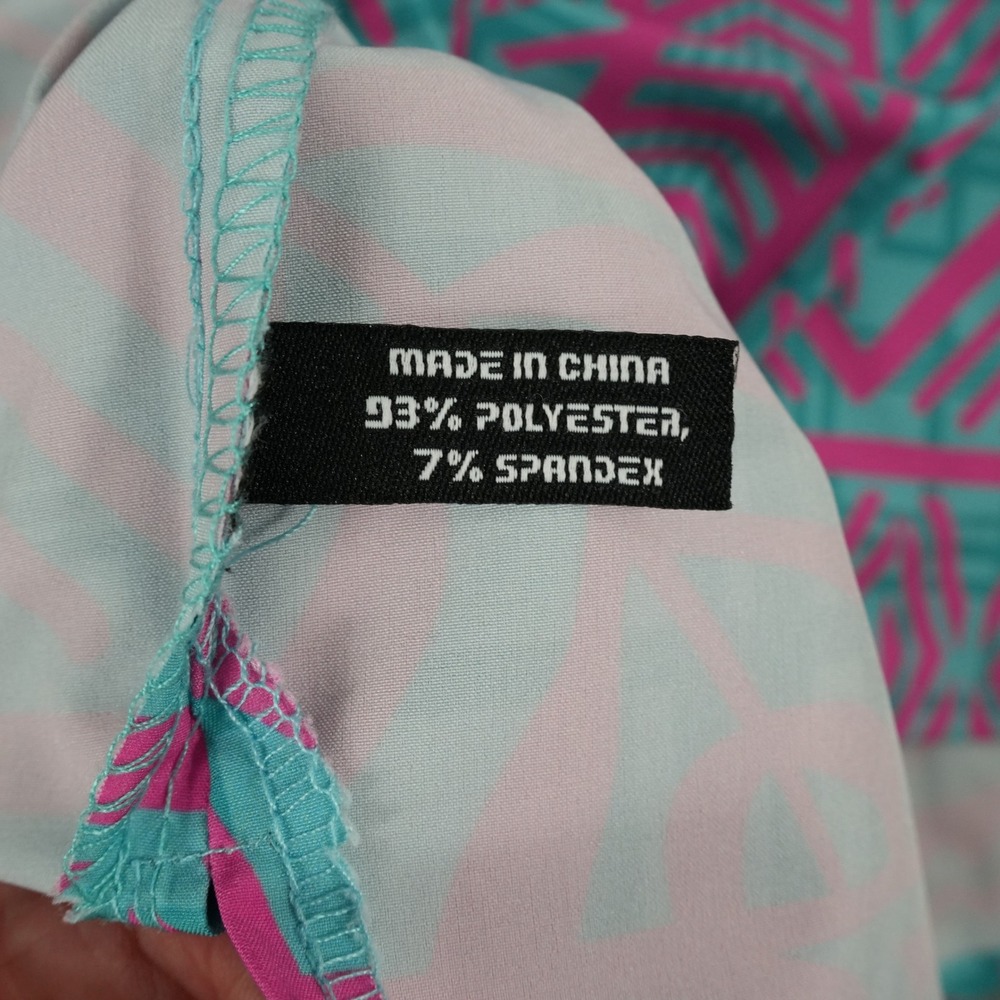 Retro Rifle Button Down Shirt Mens XL Teal Pink AK-47 Geometric Hawaiian Stretch - Picture 9 of 11